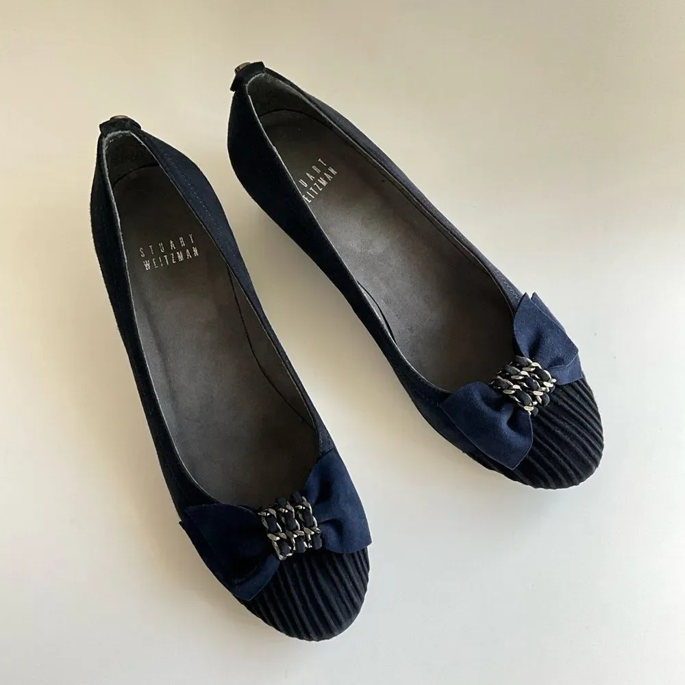 Stuart Weitzman Suede Wedge Bow Front Shoes Blue 7